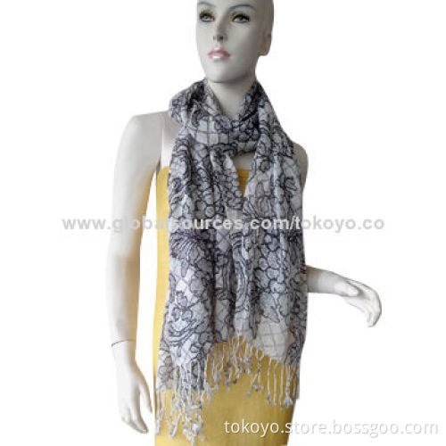 Printed scarf with tassels, made of viscose and modal, plain floral style, sized 180*70+8cm